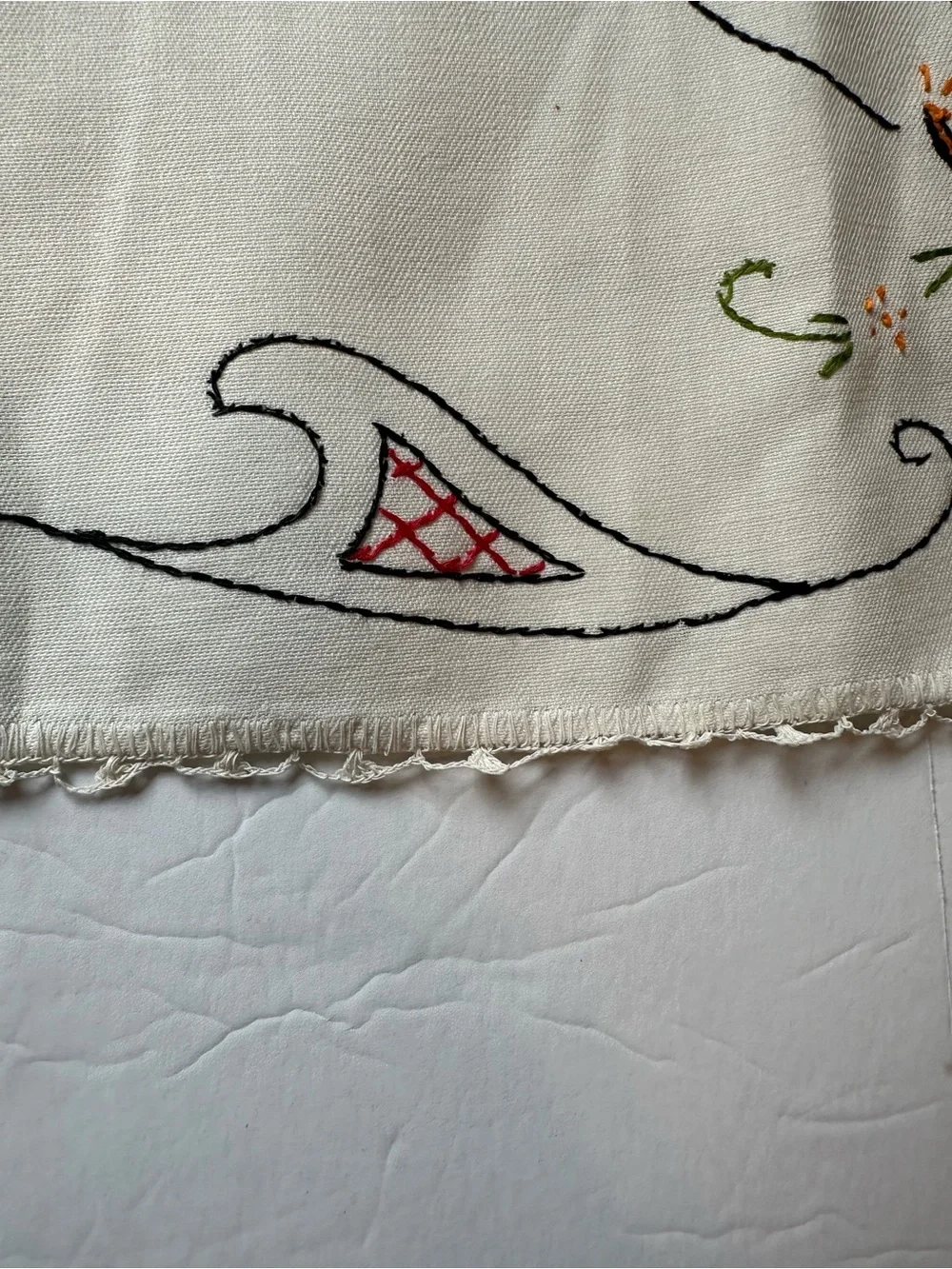 Vintage Handmade Embroidered Table/Dresser Runner Floral Crochet Edges 39.5”x13”